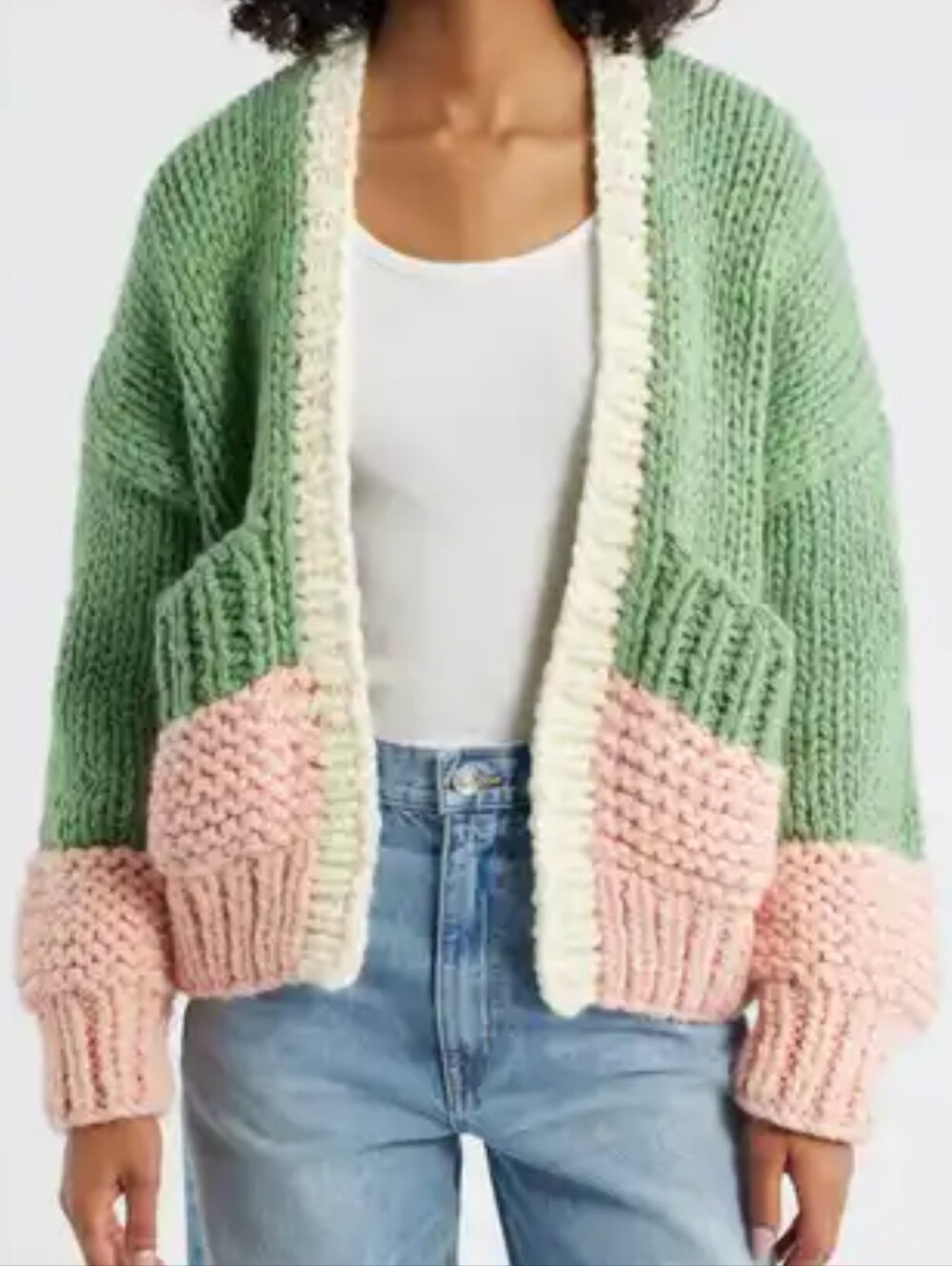 Roffe Cozy Colorblock Open-Front Cardigan in Sage Green & Blush Pink